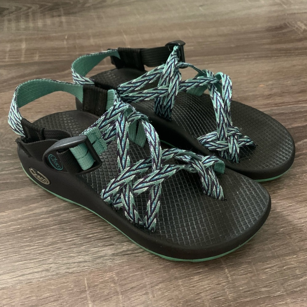 Chaco — woman’s dual strap adjustable sandal with blue and green pattern